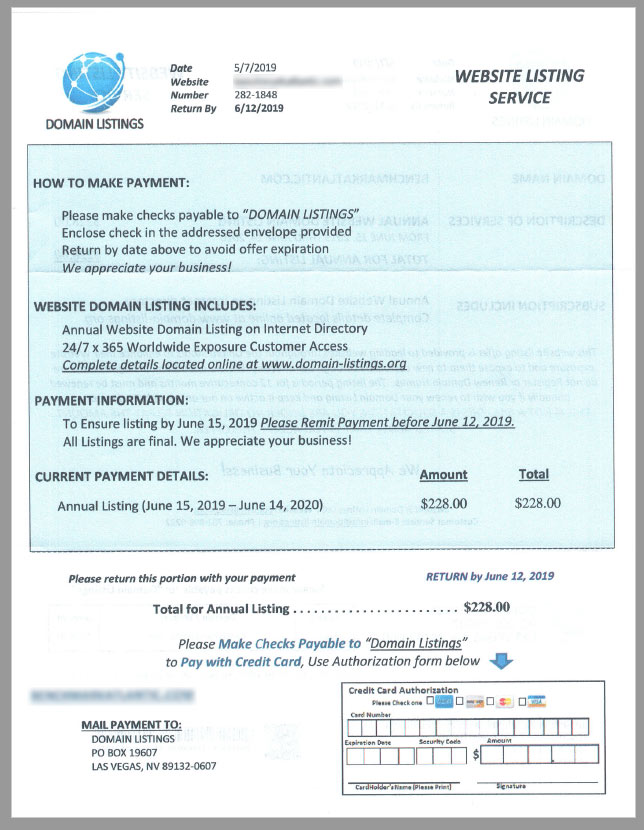 A fake invoice for web services, designed to scam website owners