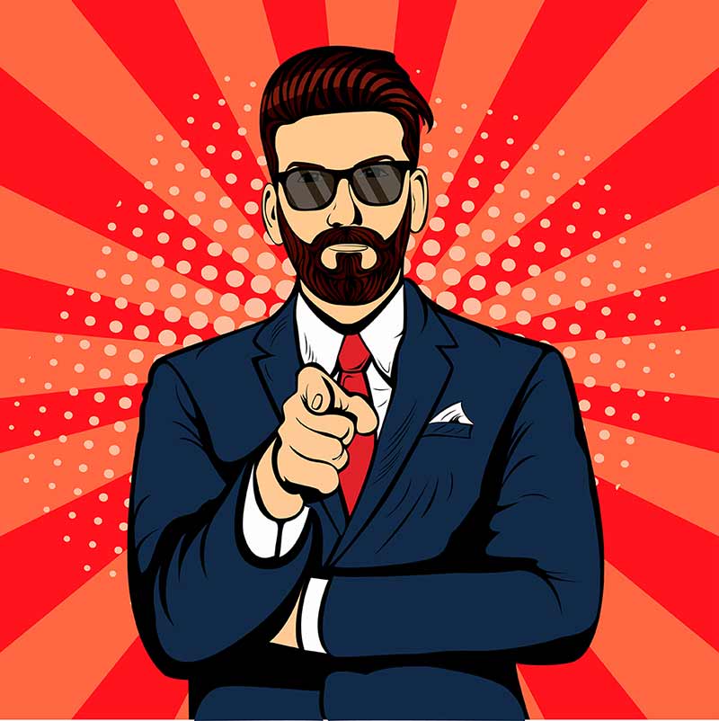 hipster man with retro background, pointing finger