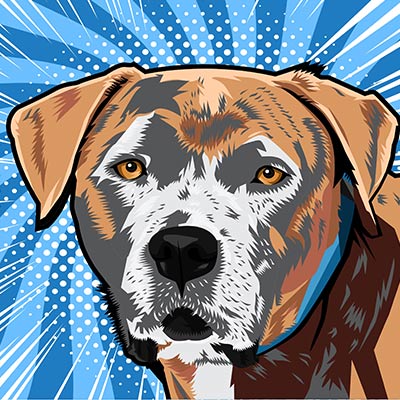 A cartoon portrait of a dog named Kane