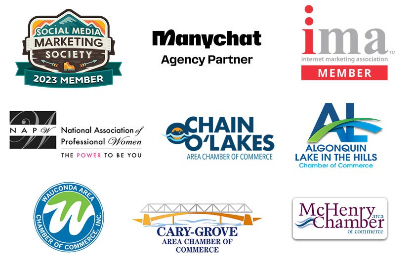 Logos of associations to which we belong, including social media marketing association, manychat partner, international marketing association, and local chambers of commerce.